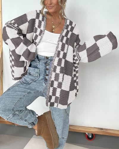 Image of BTFBM Casual Cardigan Sweater for Women Fall 2026 Long Sleeve Open Front Chunky Knit Sweaters Checkered Outwear Coat