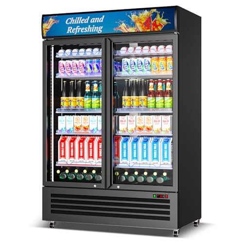 Image of Velivi Commercial Beverage Refrigerator, Double Glass Door Display Cooler, Upright Drink Merchandiser with LED Lighting, Auto Closing Doors