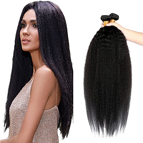 22 24 26 28 Inch Kinky Straight Human Hair Bundles Yaki Straight Human Hair 4 Bundles 100% Unprocessed Virgin Hair Extensions Bundles Natural Black
