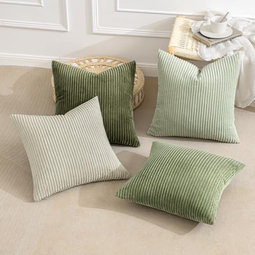 Image of MIULEE Decorative Throw Pillow Covers Set of 4 Summer Light Green Gradient Natural Earthy Modern Classic Soft Corduroy Cushion Covers for Sofa Couch Bed Living Room Spring Home Decor 18x18 Inch