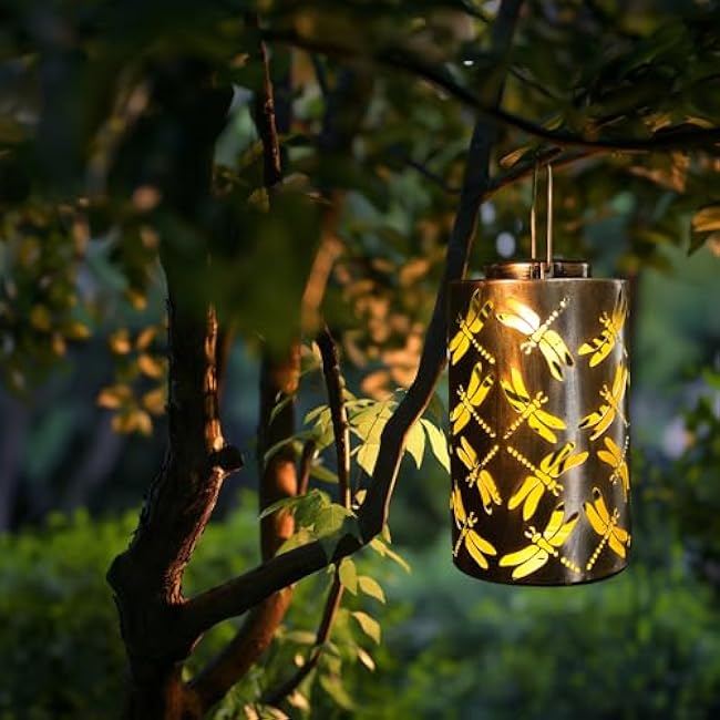 Solar Lanterns Outdoor Hanging Lights, Dragonfly Hollow Decor, Metal Waterproof Decorative Lanterns for Garden Patio Yard Lawn Backyard Front Porch as Gifts for Mom Grandma Women