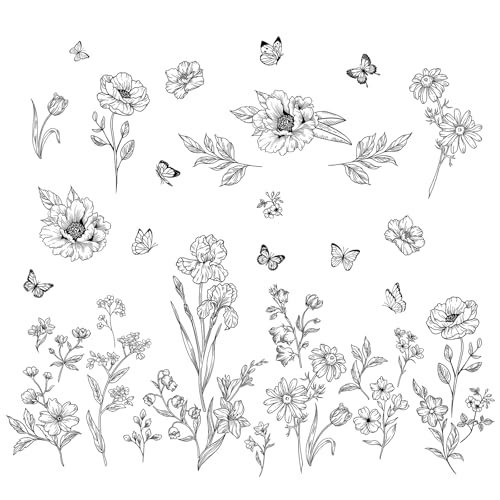 FUFUQUARE Pegatinas de Pared de Flores Mariposas Negras Adhesivos Decorativos Plantas Estilo Boceto Vinilos para Pared Salón Dormitorio Habitación Infantil Oficina