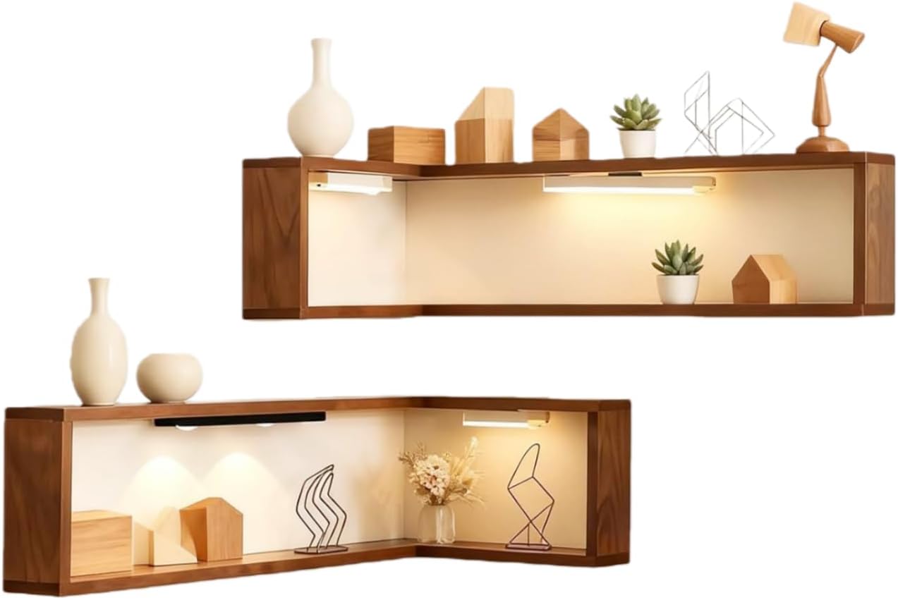 Wall-Mounted Corner Shelf Display Rack,Illuminated Corner Shelf Remote,Set of 3 Corner Floating Storage Shelves,Smart with Light for Figurines and Collectibles (2)