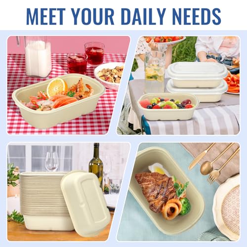 LeonBach 50 Pack Disposable Take Out Food Containers with Lid,23 oz Bagasse Paper To Go Containers Disposable Cardboard Meal Prep Containers Serving Bowls for Salad Leftovers Snack