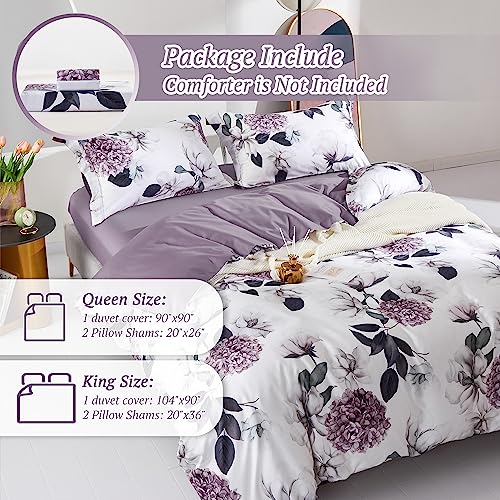 MILDLY 100% Long-Staple Cotton Duvet Cover Set Purple Hydrangea Lotus Flower Pattern Printed Comforter Cover 3pcs, Ultra Soft & Breathable Bedding Set