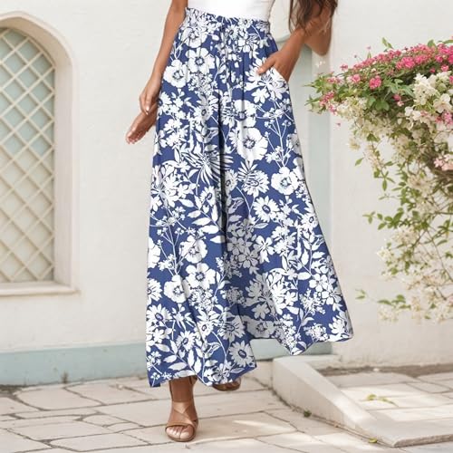 Akivide Women’s Flowy Boho Floral Print Wide Leg Pants Drawstring Smocked Waist Casual Baggy Beach Trousers with Pockets2