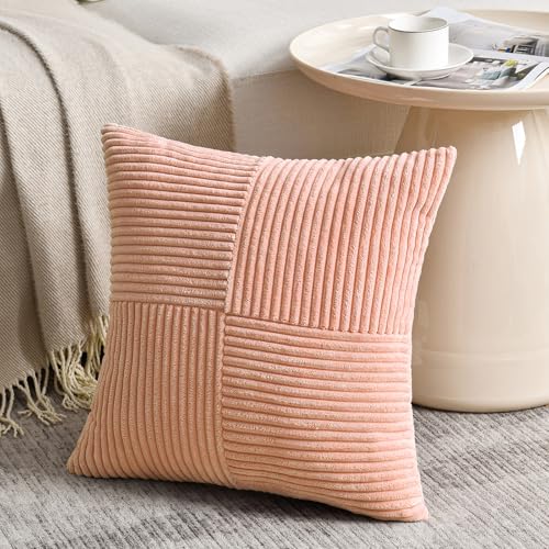 Fancy Homi 2 Packs Peach Decorative Throw Pillow Covers 22x22 Inch for Living Room Couch Bed Sofa, Rustic Farmhouse Boho Home Decor, Soft Corss Corduroy Patchwork Accent Square Cushion Case 55x55 cm by Fancy Homi - Image 2