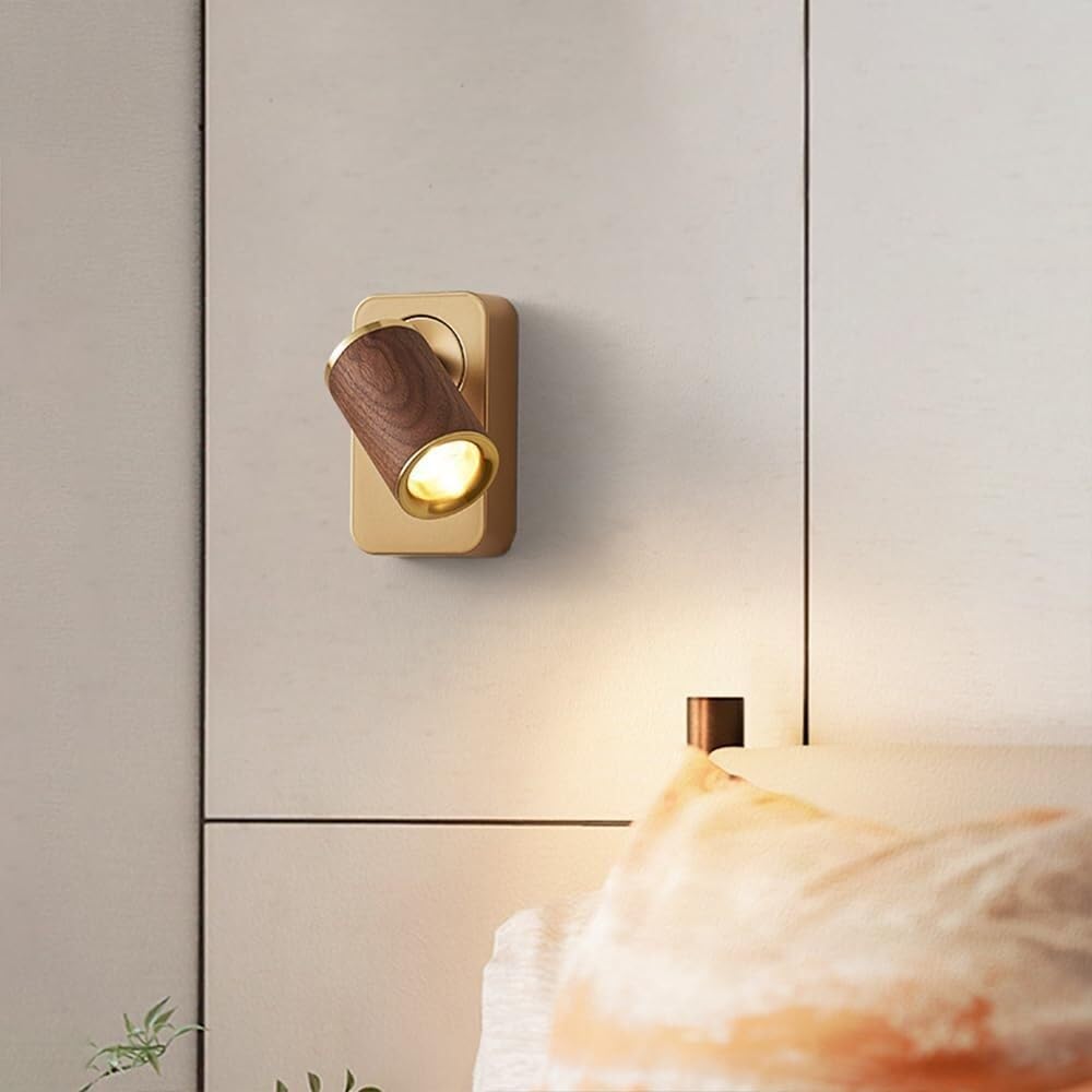 Genérico Aplique de Pared de Aluminio Dorado Mini Lámpara de Lectura Led para Mesilla de Noche con Pantalla de Nogal Luz de Montaje En Pared para Decoración de Dormitorio (Luz Neutra 1 Cabezal)