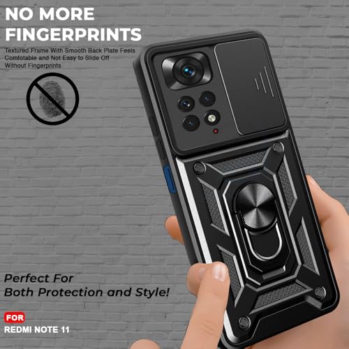 Image of AESTMO Tough Armor Redmi Note 11 / 11S Bumper Back Case Cover | Ring Holder & Sliding Camera Shield Cover | 360 Degree Protection Back Case Cover for Redmi Note 11 / 11S (Black)
