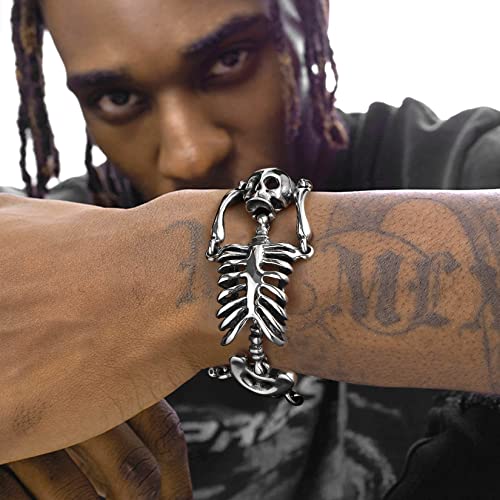 U7 Gothic Skull Bracelets for Men Women, Stainless Steel/18K Gold Plated/Silver Black Punk Skeleton Head Chain Bracelet Party Accessories for Rapper Biker2