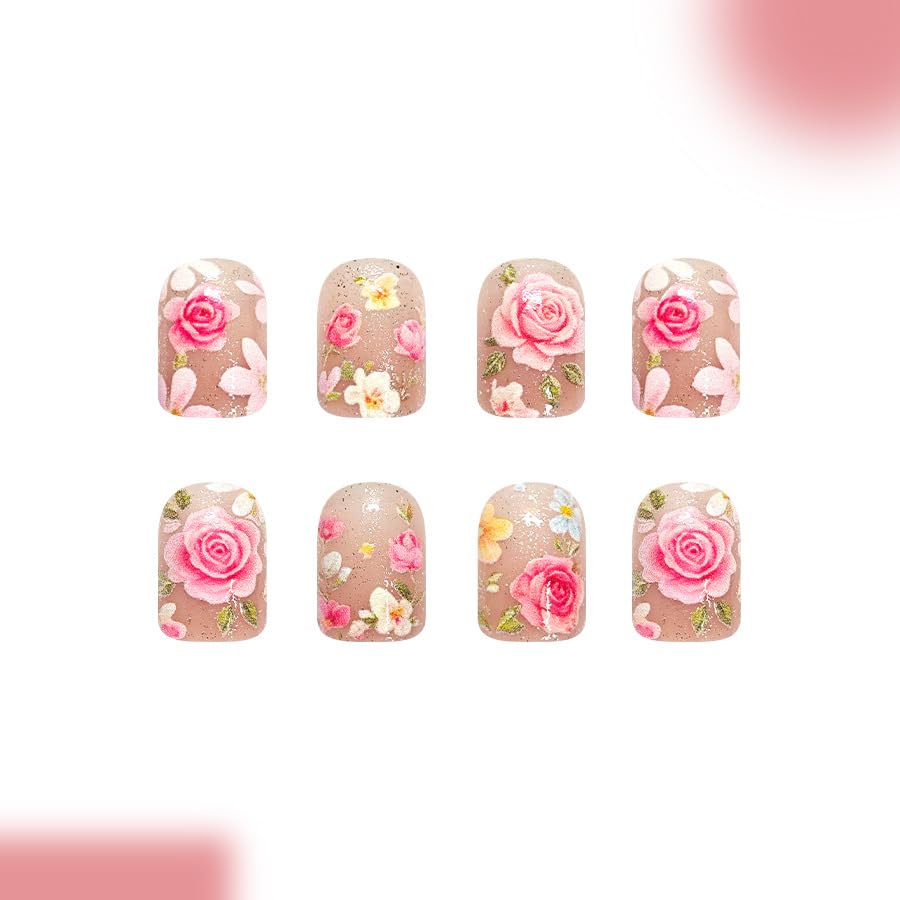 Flowers Press on Nails - Short Square Pink Floral Acrylics