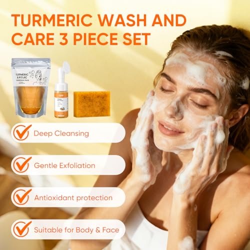 GPP Turmeric Soap & Turmeric Face Wash & Cleansing Pads 30pcs Skin Care Set, Glow Turmeric for Face & Body, Lemon Tumeric Soap, Facial Cleanser Foam for Daily Cleansing, Turmeric Wash and Care 3 Piece Set