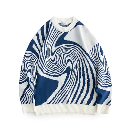 Men's Round Neck Geometric Annual Ring Jacquard Color Block Knitted Pullover Long Sleeve Top Sweater