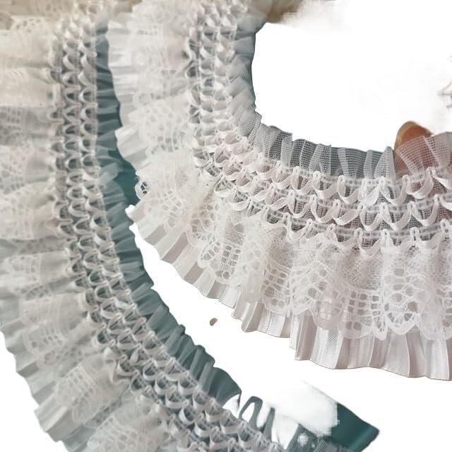 Lace Trim，Pleated Chiffon Lace Edge Trim ，7cm White Pleated Net Lace Edge Trim Ribbon Fabric Embroidery Applique Sewing Craft Crochet Wedding Dress Collar Ruffle Clothes (Color : White, Size : 1Yard