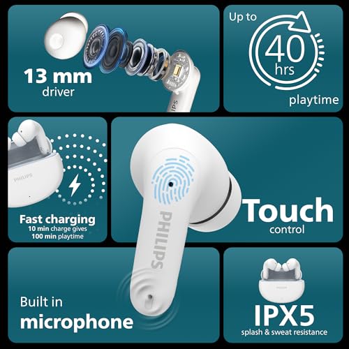 Image of Philips TAT1269 Bluetooth Truly Wireless in Ear Earbuds with mic, 13mm Drivers, BT 5.4, 40H Playtime, IPX5, Fast Charging, Touch Controls, Voice Assistant, Mono Mode, LED Indicator (Bright White)
