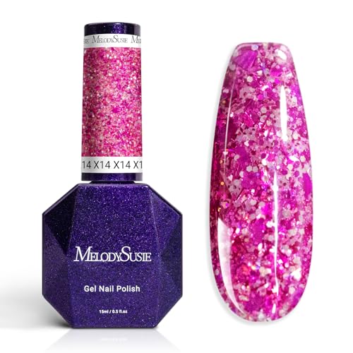 Image of MelodySusie Galaliver Hot Pink Glitter Gel Nail Polish, 15ML Shimmer Pink Sparkle Gel Polish Soak Off UV LED Cured Long Lasting Gift for Women DIY Nail Design Nail Art Manicure X14