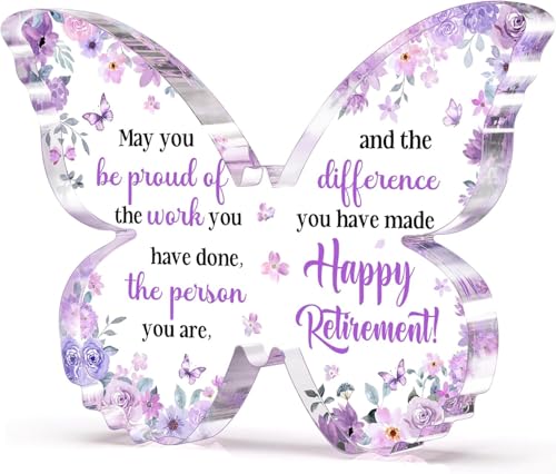Image of Gifzy Unique Retirement Gift for Woman Men, 5x5x0.5 Inch Purple Butterfly Acrylic Plaque Decor with Warm Words, Best Retirement Gifts for Coworker Teacher Friend Nurse Boss