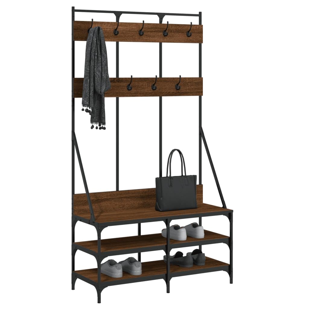 Kleiderständer mit Schuhablage in Braun Eichen-Optik aus Holzwerkstoff und Metall 100x40x184 cm platzsparend für Schlafzimmer Flur Ankleidezimmer mit Rollen und höhenverstellbar