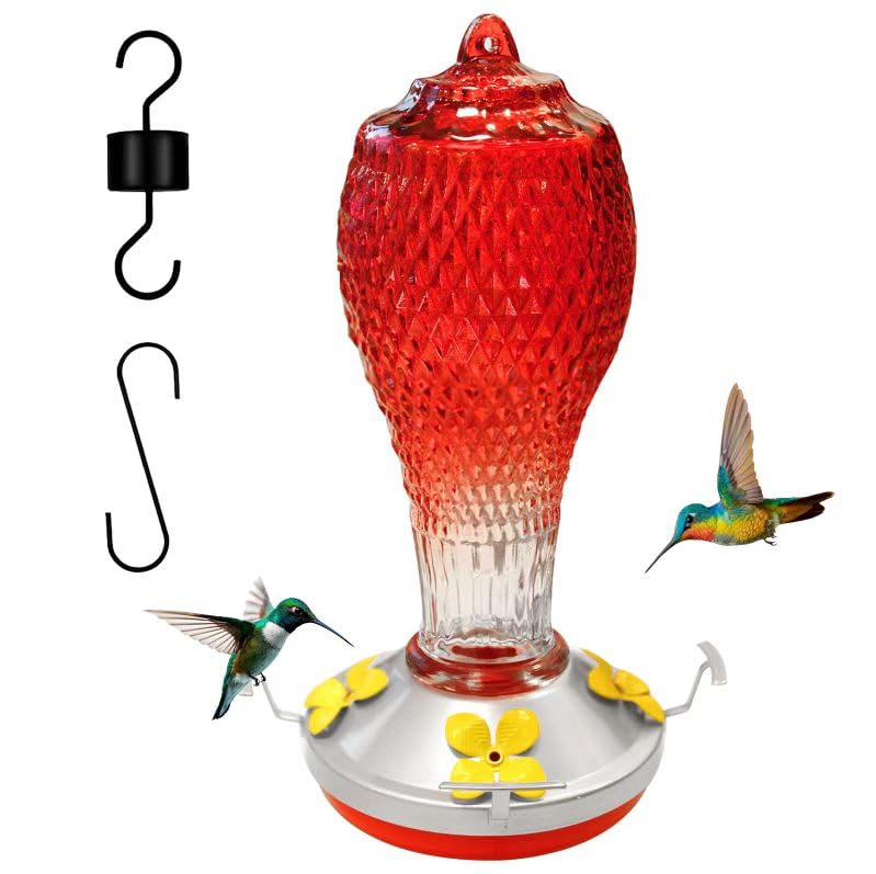 Hummingbird Feeder for Outdoors,17 OZ Glass Humming Bird Feeder for Garden Decor,Four Flowers Feeding Ports,Leak Proof,Ant Moat Included,Humming Gifts for Women