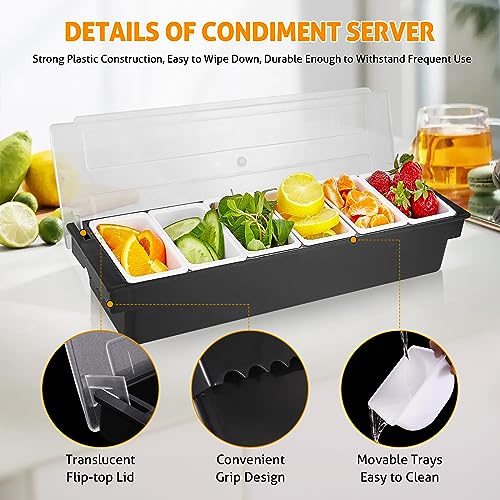 WICHEMI Fruit, Veggie & Condiment Caddy with Lid Dispenser Tray Plastic Garnish Station for Bartending & Serving Taco, Ice Cream, Salad Bar - Topping Organizer for Restaurant Supplies (6 Compartment) - Thumbnail 3
