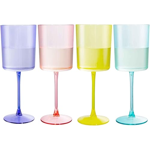 Ciaell 4 Pack Plastic Wine Glasses - 10 Oz Plastic Wine Glasses with Stem - Disposable Wine Glasses Perfect for Parties & Weddings & Poolside & Outdoors & Camping(Pink Green Purple Yellow)