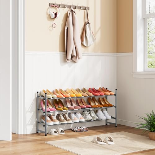 Image of Tajsoon Expandable Shoe Rack for Closet 3 Tier, 28 inch-41 inchAdjustable & Stackable Shoe Shelf Storage, Metal Shoe Rack Organizer for Front Door Entrance, Closet, Garage, Entryway, Grey