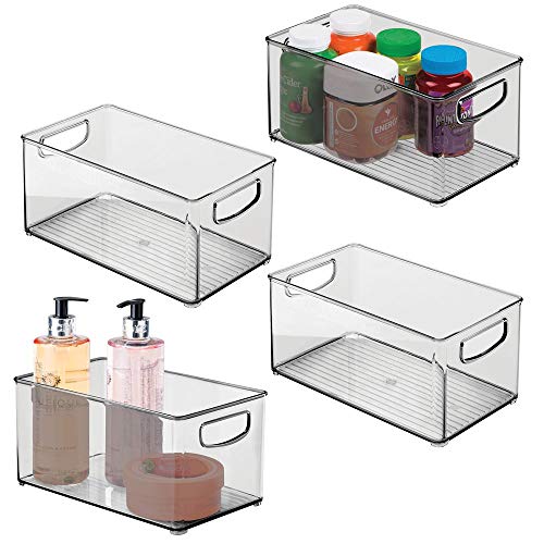 Preisvergleich Produktbild mDesign 4er-Set Ablagebox mit integrierten Griffen transparente Aufbewahrungsbox mit ansprechendem Design ideal zur Kosmetikaufbewahrung im Bad grau