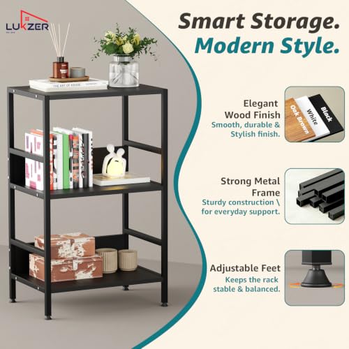 Image of Lukzer 3-Tier Wooden Bedside Table for Bedroom & Multipurpose Open Storage Shelf (MMR-006-Black & Black) Metal Side Tables for Living Room & Space-Saving Kitchen Organizer Rack (70 x 53 x 30 cm)