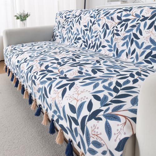 Image of HOKIPO Printed Holland Velvet Sofa Cover with Tassels for 3 Seater Sofa | Full Protection for Sofa Seat and Back | 'Whispers of Nature' (160x175 cm), Indigo Foliage (IN-1127-D10)