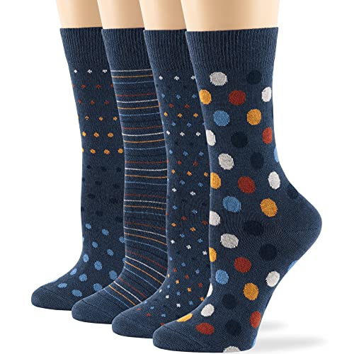 7Bigstars Kingdom Women Cotton Crew Socks - 4 Pack Medium - Striped-Dotted -Polka Dot - Casual-Dress-Sock Size: 9-11, Shoe Size: 5-9, Light Navy #TOP7