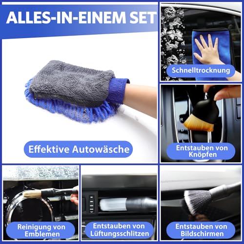 KEYAYE 10 Stück Autopflege Set mit 3er Mikrofasertücher, Mikrofaser Waschhandschuh, Detailingbürste Weiche Borsten, 600 GSM Auto Trockentuch zum Kratzfreien Trocknen & Auto Polieren, 40x30cm