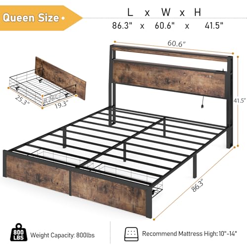 Image of Queen Bed Frame with 2 Storage Drawers, Queen Size Bed Frame, Vintage Brown | LED Light, Charging Station, Wood Headboard, Metal Platform, No Box Spring Needed, Noise Free, Easy Assembly