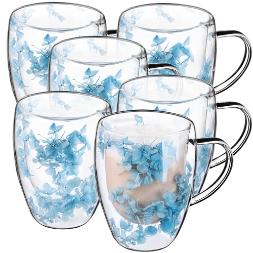 KADAX Juego de 6 vasos térmicos de doble pared de 350 ml, para té y café, vasos de té de vidrio de borosilicato, taza de café con flores secas, taza de té (azul)