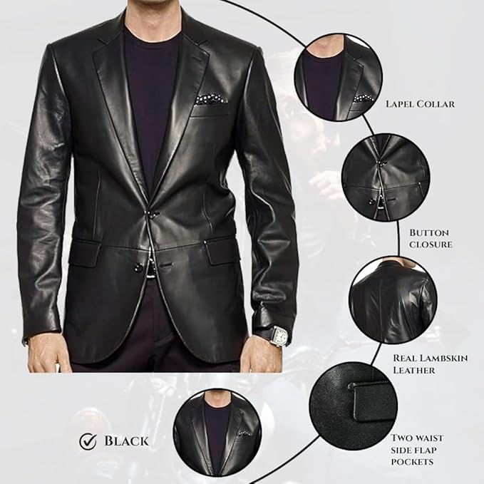 Men’s Black Leather Blazer Jacket Genuine Lambskin Slim Fit Two Button Coat Classic Lapel Business Casual Outerwear2