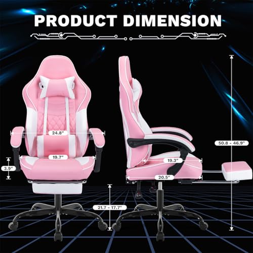 Image of Gaming Desk Chair for Adults, Ergonomic Gaming Chair (Pink+White) | with Footrest Headrest and Lumbar Support, Leather Material Height Adjustable Computer Video Game Chairs