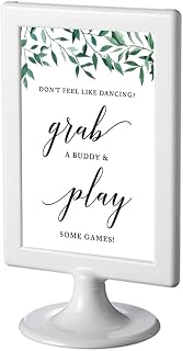 Andaz Press Framed Wedding Party Signs, Natural Greenery Green Leaves, 4x6-inch, Don't Feel Like Dancing? Grab a Buddy and Play Some Games!, 1-Pack, Includes Reusable Photo Frame