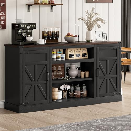 XVD-66-Farmhouse-Coffee-Bar-Cabinet-with-Charging-Station-Sideboard-Buffet-Cabinet-with-Large-Storage-Wood-Buffet-Storage-Cabinet-with-Adjustable-Shelves-for-Kitchen-Living-Room-Black XVD 66 Farmhouse Coffee Bar Cabinet with Charging Station Sideboard Buffet Cabinet with Large Storage Wood Buffet Storage Cabinet with Adjustable Shelves for Kitchen Living Room Black