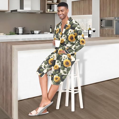 Men’s Robe Plaid Sunflower Print, Long Sleeve Bathrobe for Sleep Shower-M2