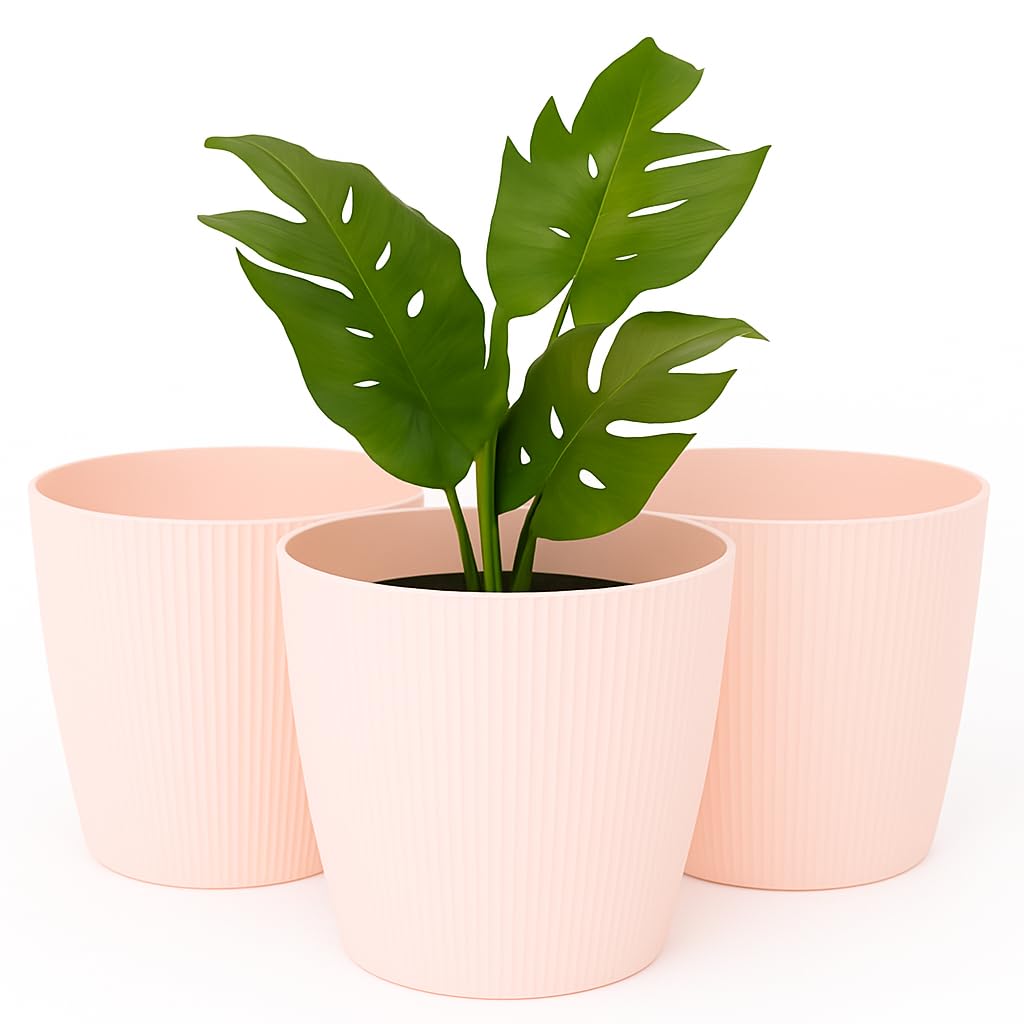 Home Garden Ornaments Light Beige Small Plant Pots Indoor – Indoor Plant Pot For Home And Garden, Decorative Striped Set Of 3 Flower Pots (Diameter 13.5Cm, )