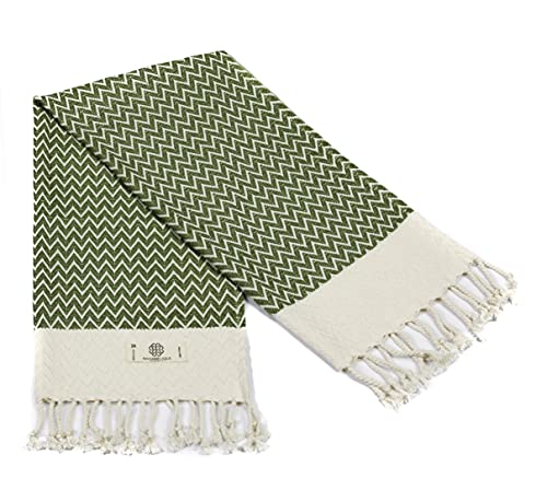 Madamelique Exclusive Hand Towels Set Of 2-18 X 40 Inches - Decorative Bathroom Peshtemal Towel For Hand, Face, Hair, Yoga, Tea, Dishcloth, Kitchen And Bath - 100% Pure Cotton (Olive) #TOP4