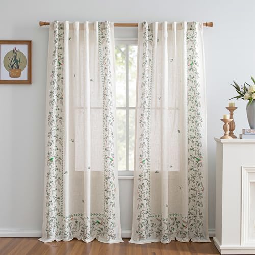 Image of MYSKY HOME Boho Linen Blend Curtains 84 inches Long for Living Room Leaf Bird Patterned Farmhouse Drapes Light Filtering Privacy Protect Soft Touch Treatment Back Tab for Home, 50 inch Wide, Green, 2 Pcs