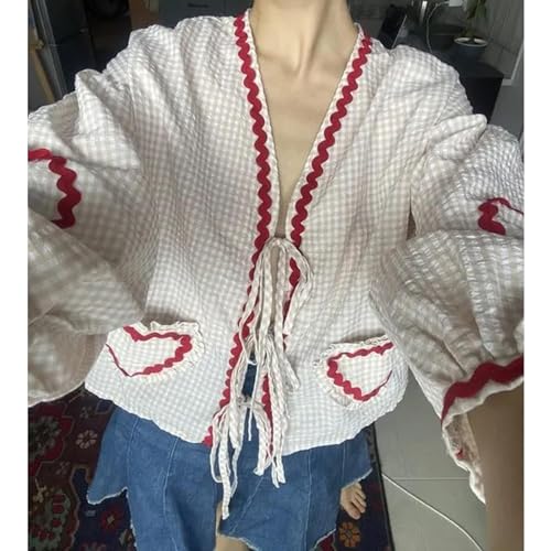 POHADON Cute Heart Tie Front Tops Puff Long Sleeve Blouse Bow Top Trendy Babydoll Shirts Y2K Aesthetic Summer Tops for Women3