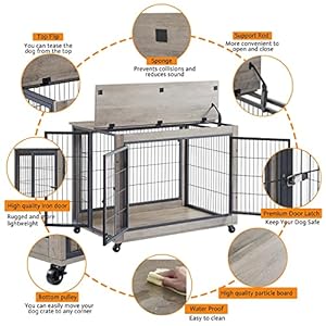 IchbinGo Wooden Dog Crate Furniture, 38.5" Dog Kennel with 3 Doors, Flip-up Top Opening and Wheels, Decorative Pet Crate Dog House for Large/Medium/Small Dog Indoor Use (Rustic Grey) IchbinGo Wooden Dog Crate Furniture 385 Dog Kennel with 3 Doors Flip up Top Opening and Wheels Decorative Pet Crate Dog House for LargeMediumSmall Dog Indoor Use Rustic Grey