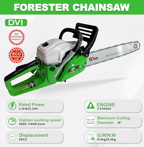 Image of DVI Heavy Duty Forester Chainsaw With 2 Stroke 58CC Air Cooled Petrol Engine Power With 18 inch inch Blade /Bar Ideal Use For Farm, Garden Tree Cutting, Wood Cutting.