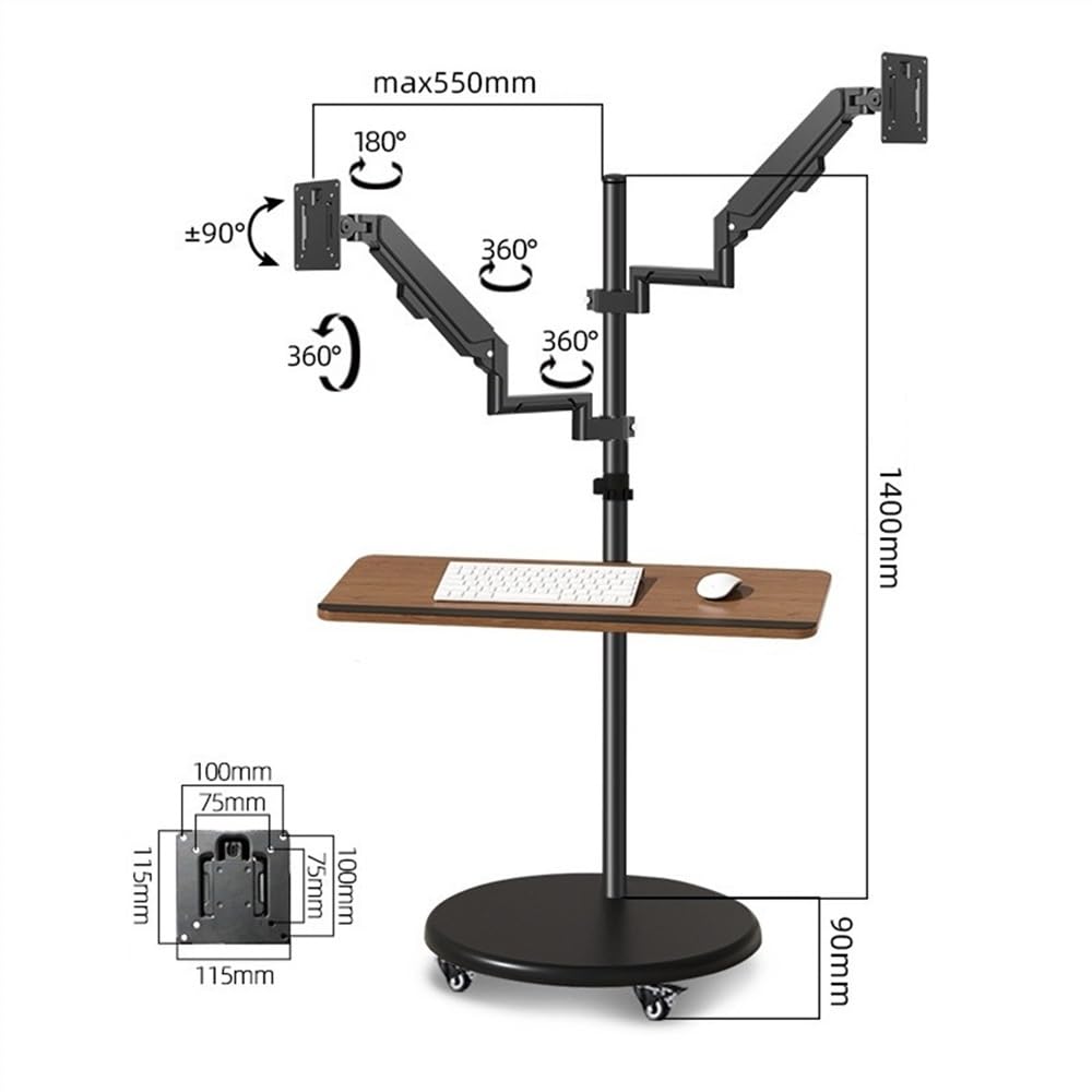 Supporto per monitor regolabile in altezza con molla a gas, supporto per doppio monitor con ripiano per tastiera, supporto multifunzione per monitor da 14 – 43 pollici, con funzione di rotolo, mobile