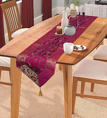 Image of Ari Zari Embroidery Table Runner for Dining Table 6 Seater 72IN Indian Satin Traditional Long Runner Up with Tassels Tablecloth for Room & Home Runner (Pink)