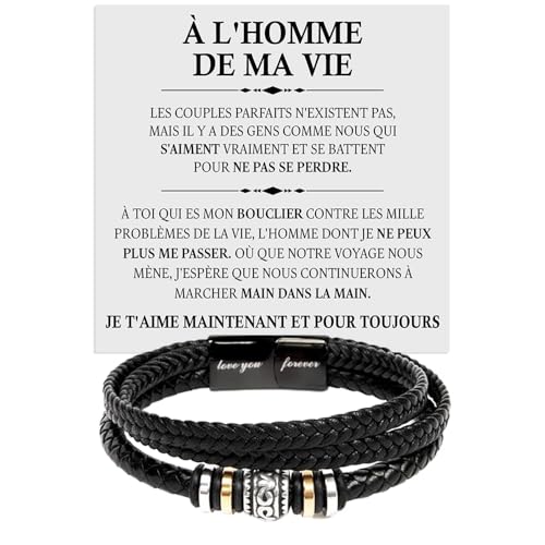 Bracelet pour homme en cuir tressé avec acier inoxydable Homme De Ma Vie Idées cadeaux pour lui Noël Anniversaire - Coffret cadeau avec DÉDICACE incluse (B...