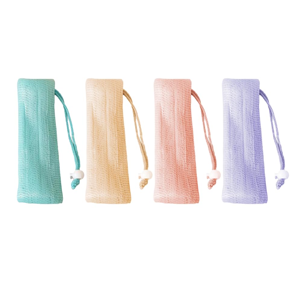 CTFRQC 4Pcs Thickened Exfoliating Mesh Soap Pouch Mesh Soap Saver Bag Bubble Foam Net for Body Facial Cleaning Tool ?Blue, Beige, Pink, Purple)