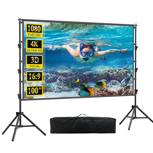 Image of 100 inch Projector Screen with Stand,HUANYINGBJB Indoor Projection Screen, Portable 16:9 4K HD Rear Front Movie Screen with Carry Bag for Theater Backyard Movie Night,Cinema School, Churches