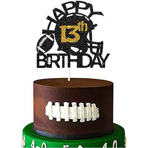 Aonbon Black & Gold Glitter Football Happy 13th Birthday Cake Topper, Football 13th Birthday Party Decoration, Football Theme Happy 13th Birthday Party Supplies (13th) Cover